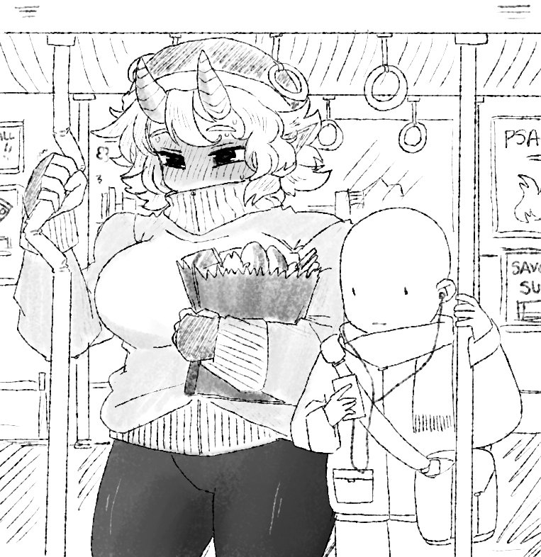 1girl bald bangs blush breasts broken bus_interior closed_mouth covered_mouth earphones embarrassed fingerless_gloves full-face_blush gloves greyscale groceries hat height_difference holding jacket large_breasts latenight long_sleeves monochrome monster_girl monster_girl_encyclopedia oni oni_horns pants pointy_ears red_oni_(monster_girl_encyclopedia) scarf short_hair standing sweat sweater |_|