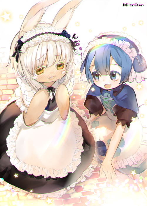 1other :3 :d alternate_costume apron atsumi_jun blue_capelet blue_eyes blue_hair blush capelet enmaided eyebrows_visible_through_hair furry long_hair looking_at_another made_in_abyss maid maid_apron maid_headdress maruruk monster_girl nanachi_(made_in_abyss) nervous_smile open_mouth otoko_no_ko paws pouch puffy_short_sleeves puffy_sleeves short_sleeves signature silver_hair sitting smile sweatdrop whiskers yellow_eyes