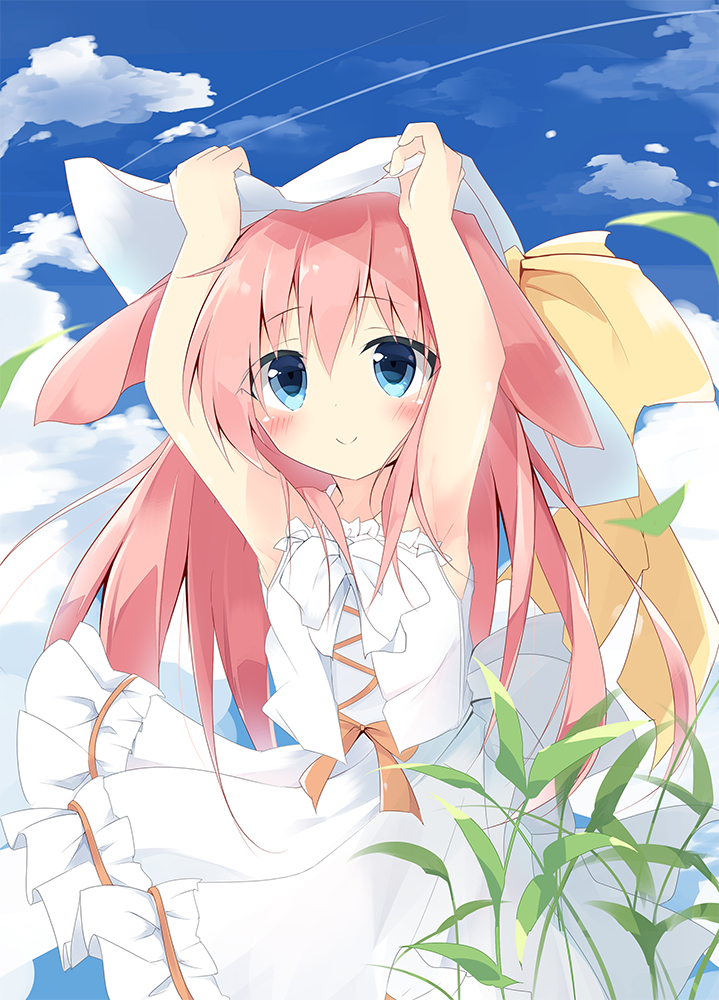 animal_ears arms_up bangs bare_arms blue_eyes blue_sky blush bunny_ears closed_mouth cloud cloudy_sky collarbone commentary_request day dress eyebrows_visible_through_hair frilled_dress frills hair_between_eyes hands_on_headwear hat hat_ribbon kushida_you long_hair looking_up original outdoors pink_hair ribbon sky sleeveless sleeveless_dress smile solo sun_hat very_long_hair vest white_dress white_hat white_vest yellow_ribbon