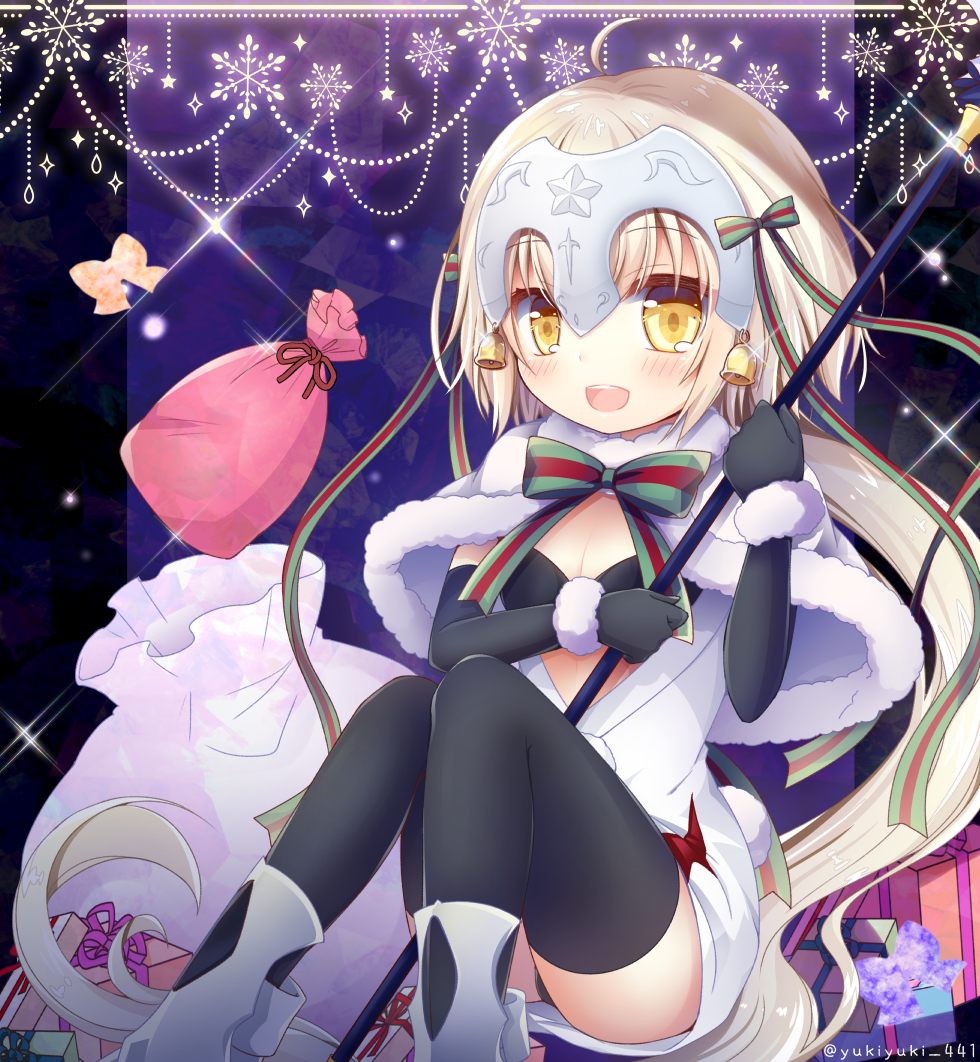 :d ahoge bell black_bra black_gloves black_legwear black_panties blush box bra commentary elbow_gloves fate/grand_order fate_(series) gift gift_box gloves headpiece holding jeanne_d'arc_(fate)_(all) jeanne_d'arc_alter_santa_lily long_hair looking_at_viewer low_ponytail open_mouth panties pantyshot pantyshot_(sitting) polearm sack silver_hair sitting smile solo thighhighs underwear weapon yellow_eyes yukiyuki_441