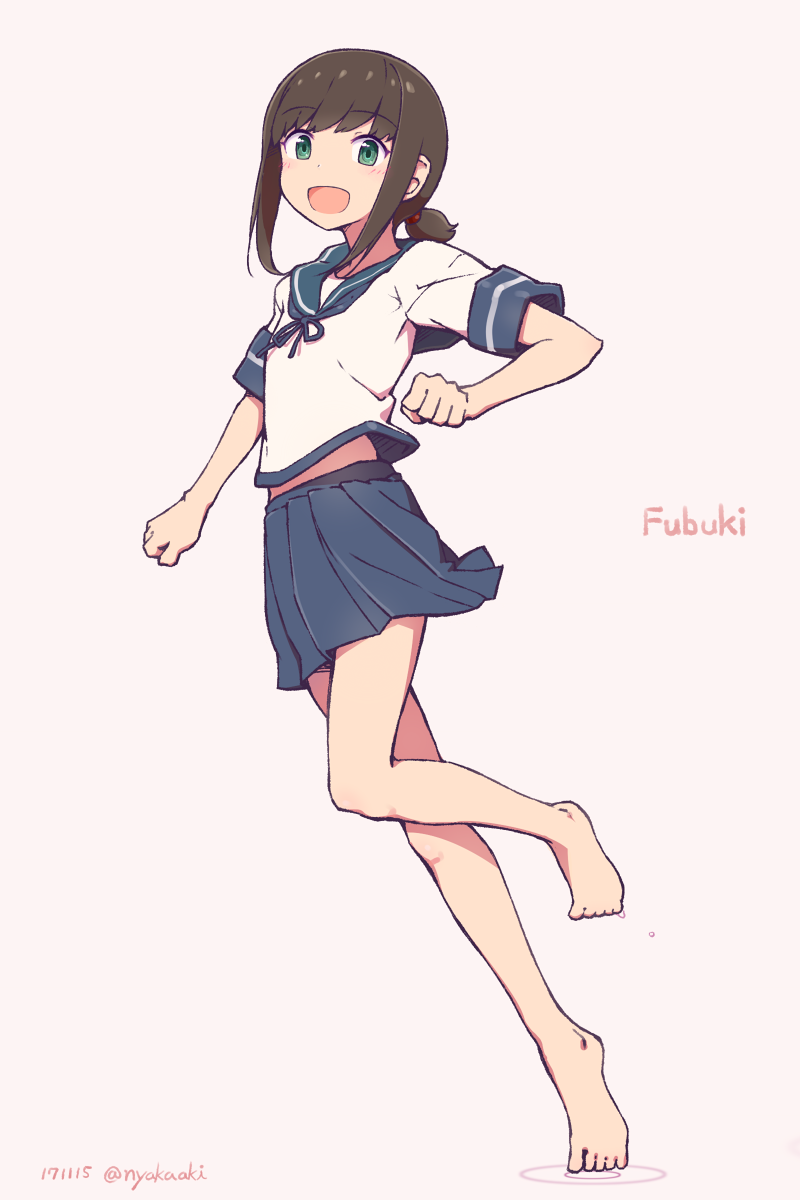 :d barefoot black_hair blue_skirt character_name clenched_hands dated eyebrows_visible_through_hair fubuki_(kantai_collection) full_body green_eyes highres kantai_collection looking_at_viewer low_ponytail nakaaki_masashi open_mouth pink_background pleated_skirt school_uniform serafuku short_hair short_ponytail short_sleeves sidelocks simple_background skirt smile solo twitter_username