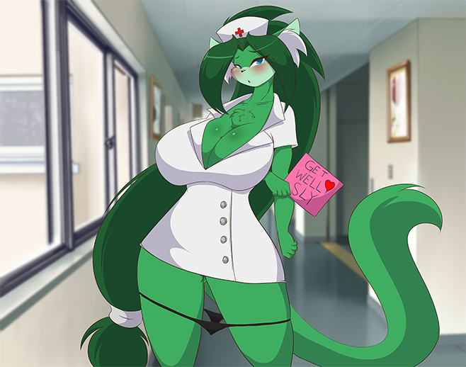 &lt;3 2017 5_fingers anthro bedroom_eyes blue_eyes blush breasts cat cleavage clothed clothing curvaceous detailed_background english_text feline female fur green_fur green_hair grey_hair hair half-closed_eyes hat hawke_(mastergodai) hospital long_hair long_tail looking_at_viewer mammal mastergodai multicolored_hair nurse nurse_hat nurse_uniform open_mouth panties seductive solo text thick_thighs two_tone_hair underwear undressing uniform voluptuous wide_hips