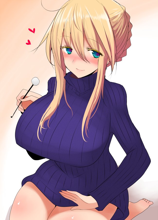 artoria_pendragon_(all) artoria_pendragon_(lancer) blonde_hair blue_eyes bottomless braid breasts commentary_request fate/grand_order fate_(series) french_braid han_(jackpot) heart lap_pillow_invitation large_breasts mimikaki ribbed_sweater seiza sitting solo sweater