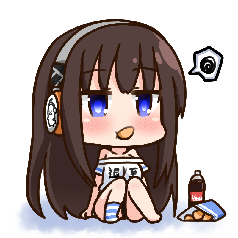 azur_lane bare_shoulders black_hair blue_eyes blush chibi chips cola commentary_request eating food hana_kazari headphones long_hair long_island_(azur_lane) looking_at_viewer mouth_hold potato_chips shirt simple_background sitting snack soda_bottle solo spoken_squiggle squiggle t-shirt translation_request white_background