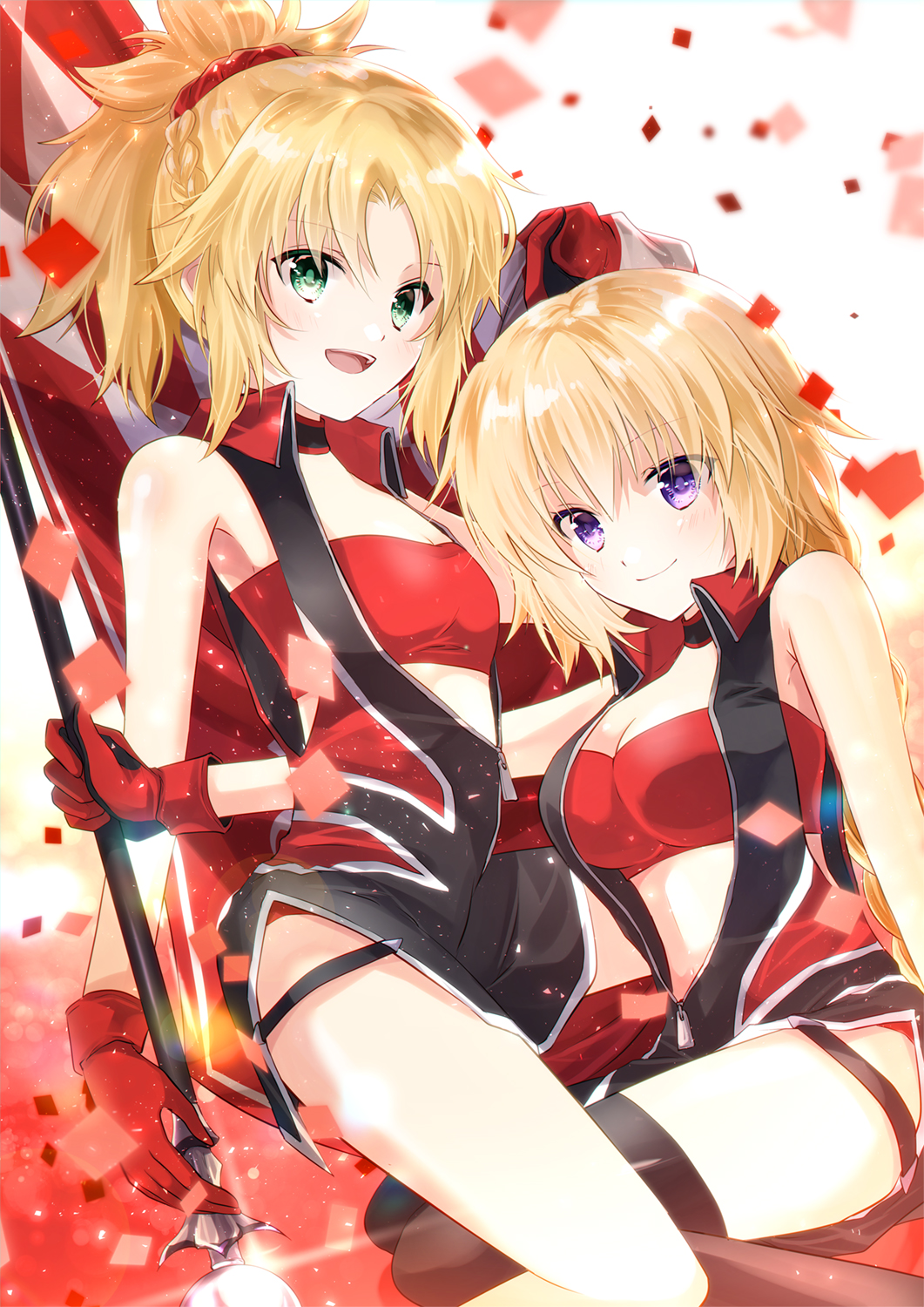 :d armpit_peek bare_shoulders black_legwear blonde_hair blurry blush braid breasts checkered checkered_flag choker cleavage commentary_request confetti crop_top depth_of_field fate/apocrypha fate_(series) flag flagpole french_braid gloves green_eyes highres holding iroha_(shiki) jacket jeanne_d'arc_(fate) jeanne_d'arc_(fate)_(all) long_hair looking_at_viewer low_ponytail medium_breasts midriff mordred_(fate) mordred_(fate)_(all) multiple_girls open_clothes open_mouth ponytail purple_eyes race_queen red_gloves side_slit single_braid small_breasts smile thighhighs