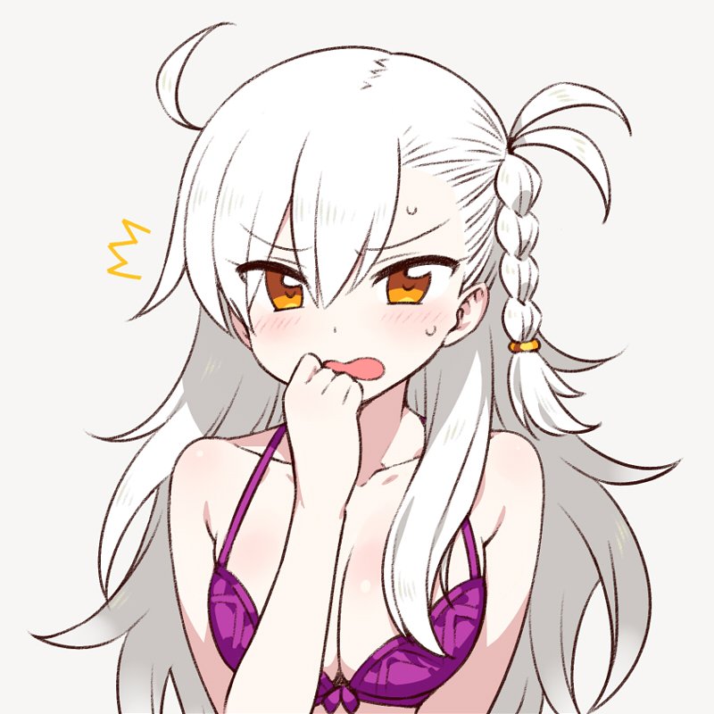 1girl ahoge bare_arms bare_shoulders blush bra braid breasts chan_co cleavage commentary embarrassed eyebrows_visible_through_hair fate/grand_order fate_(series) grey_background hair_between_eyes large_breasts long_hair looking_at_viewer olga_marie_animusphere open_mouth purple_bra side_braid simple_background solo sweatdrop underwear underwear_only upper_body white_hair yellow_eyes
