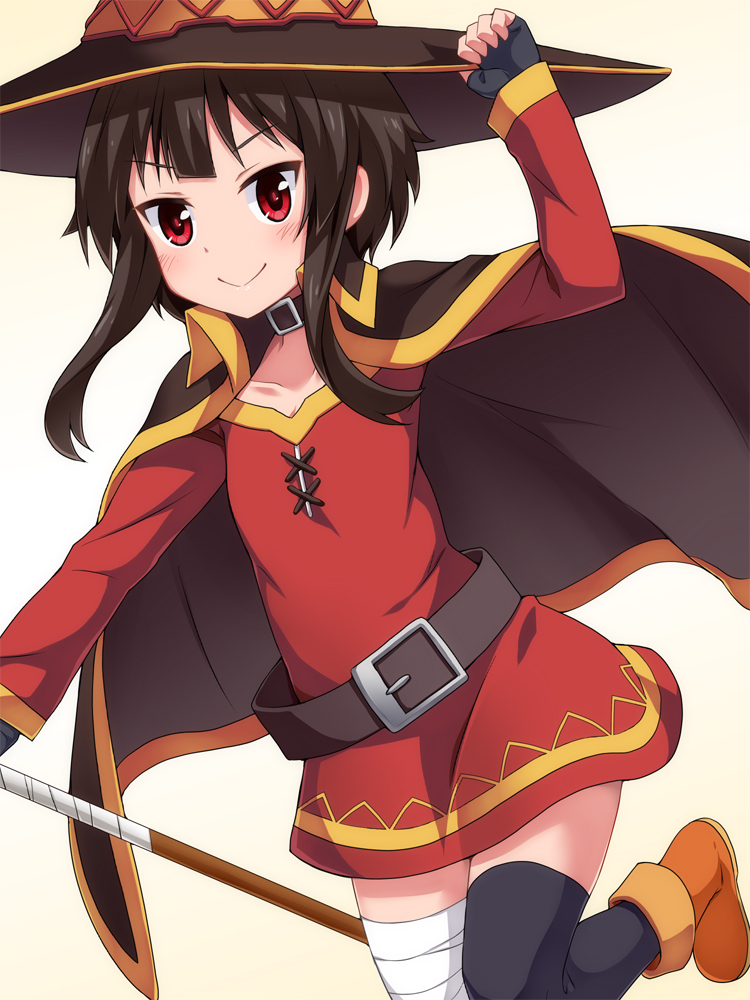 bandaged_leg bandages belt black_belt black_gloves black_hair black_legwear cape collar dress fingerless_gloves gloves gotou_jin hat holding holding_staff kono_subarashii_sekai_ni_shukufuku_wo! megumin mismatched_legwear red_dress red_eyes short_hair_with_long_locks single_thighhigh staff thighhighs witch_hat