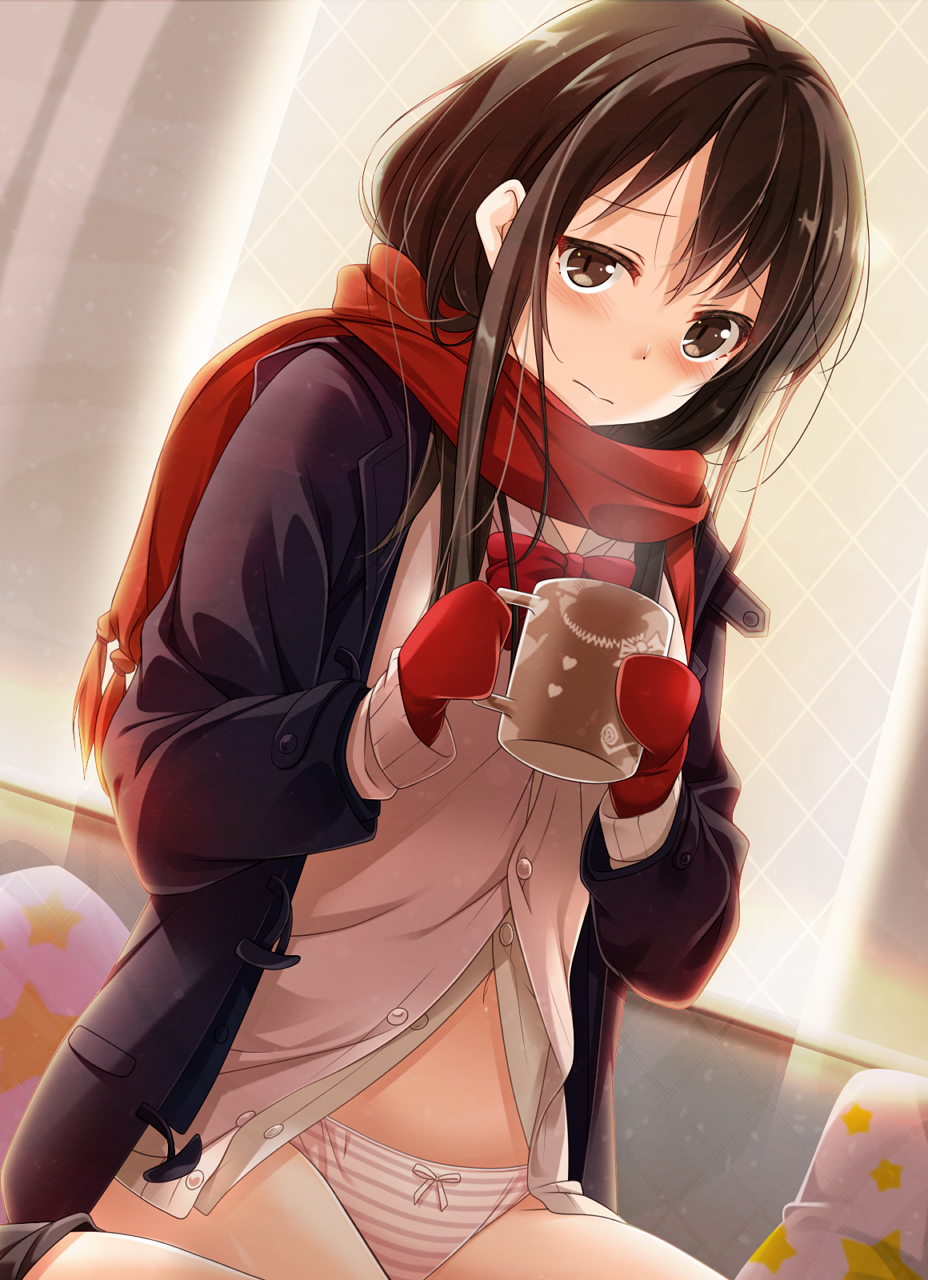 black_hair black_legwear blush bow brown_eyes buttons closed_mouth cup curtains enpera eyebrows_visible_through_hair gloves highres holding holding_cup indoors jacket long_hair looking_at_viewer mug navel no_pants open_clothes open_jacket original panties pillow red_bow red_gloves red_scarf scarf school_uniform sitting solo star steam striped unbuttoned underwear uzuki_hiro