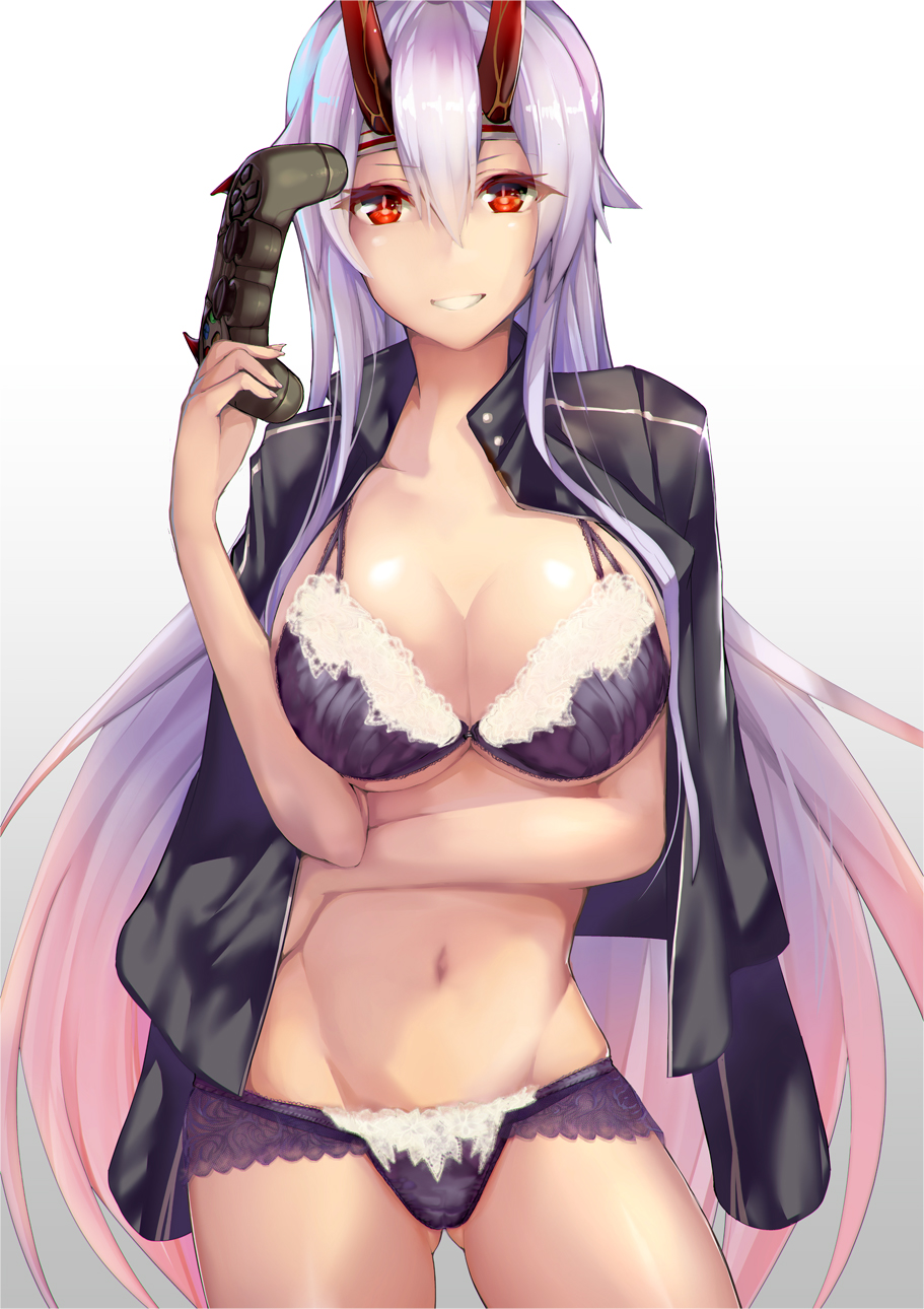 :d bra breast_hold breasts cleavage commentary_request controller dualshock fate/grand_order fate_(series) frilled_bra frilled_panties frills game_controller gamepad gradient gradient_background gradient_hair highres holding horns large_breasts long_hair looking_at_viewer multicolored_hair navel oni_horns open_mouth panties red_eyes satou_daiji silver_hair simple_background smile solo tomoe_gozen_(fate/grand_order) underwear