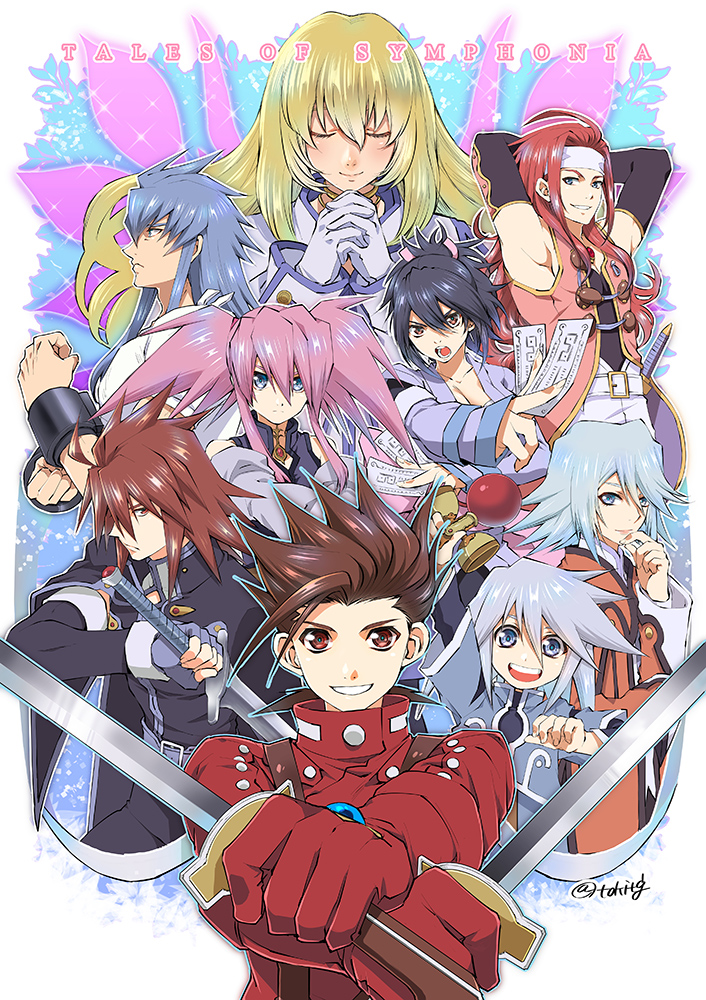 5boys armpits between_fingers black_gloves black_hair blonde_hair blue_eyes blue_gloves blue_hair brown_eyes brown_hair closed_eyes collet_brunel copyright_name dual_wielding everyone expressionless fujibayashi_shiina genius_sage gloves hands_clasped holding holding_sword holding_weapon kendama kratos_aurion lloyd_irving long_hair looking_at_viewer multiple_boys multiple_girls ofuda own_hands_together pink_hair presea_combatir red_eyes red_gloves red_hair red_shirt refill_sage regal_bryan shirt short_hair sidelocks silver_hair smile spiked_hair suspenders sword tales_of_(series) tales_of_symphonia tktg twintails twitter_username weapon white_gloves white_headband wings zelos_wilder
