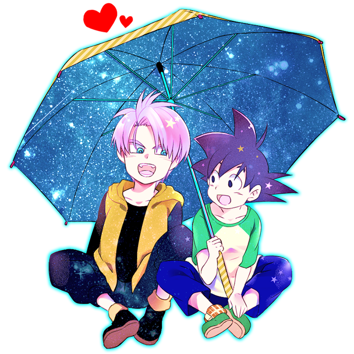 black_eyes black_hair blue_eyes dragon_ball dragon_ball_z heart holding holding_umbrella jacket long_sleeves looking_at_another male_focus multiple_boys open_mouth pants purple_hair rochiko_(bgl6751010) shared_umbrella shoes short_hair simple_background sitting son_goten spiked_hair trunks_(dragon_ball) umbrella white_background