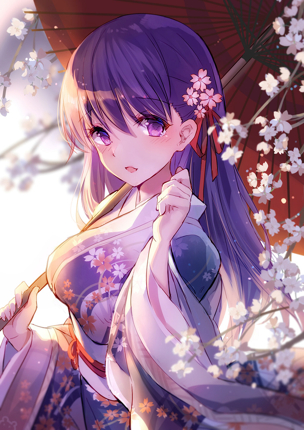 alternate_costume bangs bison_cangshu blurry cherry_blossoms commentary_request depth_of_field eyebrows_visible_through_hair fate/stay_night fate_(series) flower gradient_clothes gradient_kimono hair_between_eyes hair_flower hair_ornament hair_ribbon highres holding holding_umbrella japanese_clothes kimono long_hair looking_at_viewer matou_sakura obi open_mouth oriental_umbrella purple_eyes purple_hair purple_kimono red_ribbon ribbon sash smile solo tareme umbrella upper_body white_kimono wide_sleeves