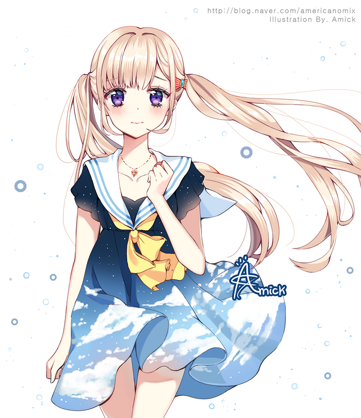 amick_(americanomix) artist_name blonde_hair blue_sky blush cloud dress hair_ornament hairclip heart heart_necklace jewelry koi_to_uso long_hair looking_at_viewer necklace purple_eyes sad sailor_collar sanada_ririna short_dress short_sleeves sidelocks sky sky_print solo twintails very_long_hair watermark web_address white_sailor_collar wind