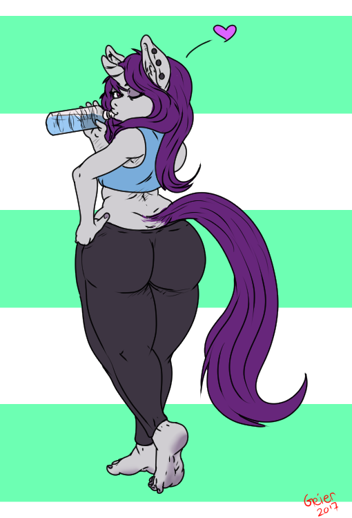 2017 anthro barefoot big_butt biped butt clothed clothing digital_drawing_(artwork) digital_media_(artwork) ear_piercing equine feet female friendship_is_magic geier hair horn horse humanoid humanoid_feet looking_at_viewer looking_back mammal my_little_pony one_eye_closed piercing plantigrade pony purple_hair purple_tail smile soles solo standing toes unicorn wide_hips wink yoga_pants