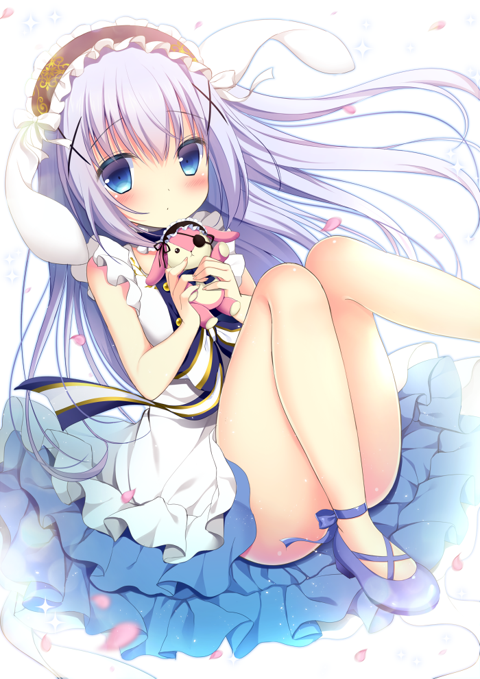 animal_ears ankle_lace-up bangs bare_arms bare_legs bare_shoulders blue_eyes blue_footwear blue_hair blush bunny_ears closed_mouth commentary_request convenient_leg cross-laced_footwear dress eyebrows_visible_through_hair frilled_dress frills gochuumon_wa_usagi_desu_ka? hair_between_eyes hair_ornament hairclip headdress holding holding_stuffed_animal kafuu_chino knees_together_feet_apart long_hair looking_at_viewer petals shibainu_niki shoes sitting solo stuffed_animal stuffed_bunny stuffed_toy white_background white_dress x_hair_ornament