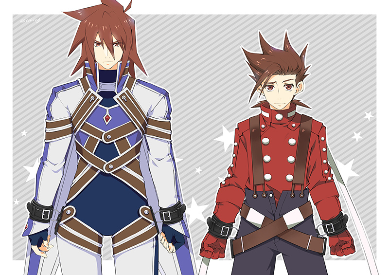 belt black_pants bodysuit brown_hair buckle clenched_hand cowboy_shot gloves grey_background kratos_aurion lloyd_irving male_focus multiple_boys pants red_gloves red_shirt shirt spiked_hair star striped striped_background suspenders tales_of_(series) tales_of_symphonia tktg