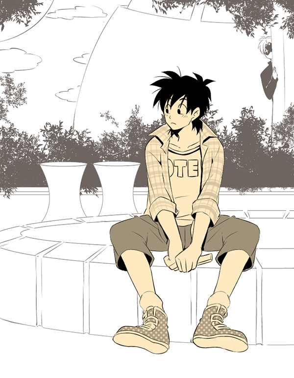 black_eyes black_hair blush character_name dragon_ball dragon_ball_z expressionless limited_palette long_sleeves looking_at_another looking_away male_focus multiple_boys rochiko_(bgl6751010) sepia shoes short_hair shorts sitting socks son_goten trunks_(dragon_ball)