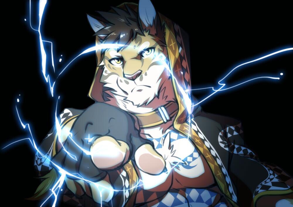2017 abs anthro cat chest_tuft claws clothed clothing clouded_leopard collar digital_media_(artwork) electricity feline fingerless_gloves fur gloves hair lightning likulau male mammal muscular muscular_male nekojishi open_shirt orzero pecs pointing_at_viewer shirt simple_background solo tattoo tuft