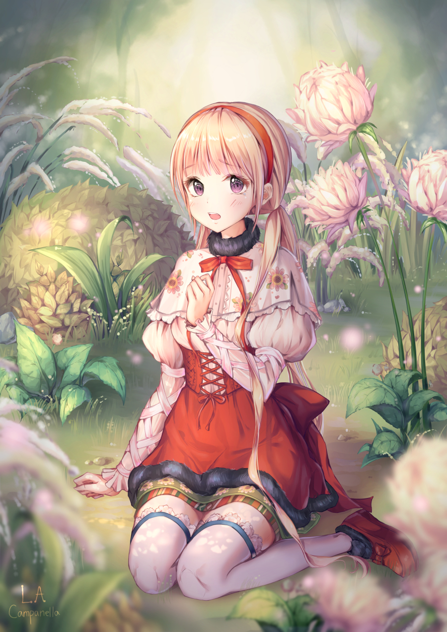artist_name bangs blonde_hair blush bow capelet commentary_request dress floral_print flower frilled_legwear frills full_body fur_collar fur_trim grass hair_over_shoulder hand_up headband highres la_campanella long_hair long_sleeves looking_at_viewer neck_ribbon open_mouth plant purple_eyes red_dress red_ribbon ribbon shoe_bow shoes sitting solo thighhighs tree_of_savior twintails very_long_hair white_legwear zettai_ryouiki