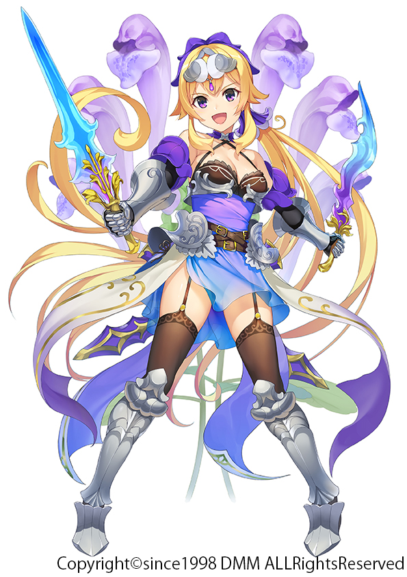:d armor armored_dress belt black_legwear blonde_hair boots breasts dress dual_wielding flower flower_knight_girl full_body holding holding_sword holding_weapon iltusa knee_boots long_hair looking_at_viewer medium_breasts metal_boots metal_gloves official_art open_mouth ponytail purple_eyes smile solo standing sword tatsunamisou_(flower_knight_girl) thigh_strap thighhighs weapon white_background