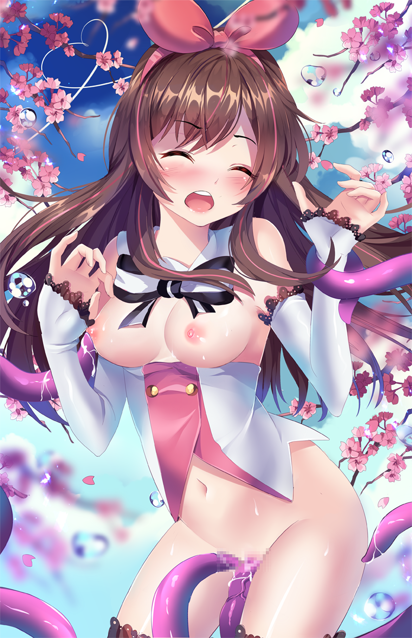;o a.i._channel artist_name bare_shoulders black_ribbon blue_sky blurry blush bottomless breasts breasts_outside brown_hair censored cherry_blossoms closed_eyes closed_mouth cowboy_shot day depth_of_field detached_collar detached_sleeves facing_viewer groin hair_ribbon heart heart_of_string highres kizuna_ai long_hair long_sleeves medium_breasts mosaic_censoring multicolored_hair navel neck_ribbon nipples one_eye_closed open_mouth outdoors pink_hair pink_ribbon ribbon round_teeth sky sleeves_past_wrists solo squchan standing stomach sweat teeth tentacles thighs two-tone_hair vaginal veins water_drop wince wrist_grab