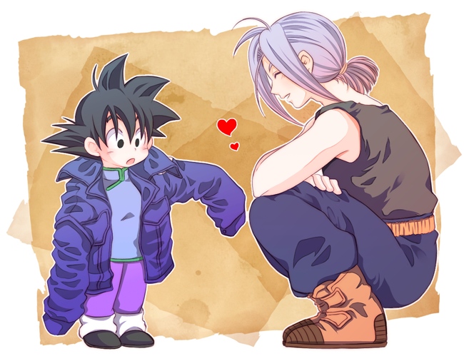 :o bare_arms belt black_eyes black_hair black_shirt boots brown_background chinese_clothes closed_eyes crossed_arms dragon_ball dragon_ball_z expressionless happy heart jacket kneeling looking_down male_focus multiple_boys open_mouth pants purple_hair rochiko_(bgl6751010) shirt simple_background sleeveless smile son_goten spiked_hair tied_hair trunks_(dragon_ball) white_background