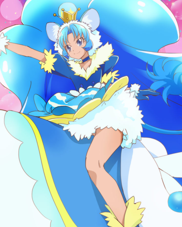 a_la_mode_style_(precure) animal_ears blue_eyes blue_gloves blue_hair blue_neckwear choker closed_mouth crown cure_gelato gloves haruyama_kazunori kirakira_precure_a_la_mode lion_ears lion_tail long_hair looking_away magical_girl outstretched_arm precure sitting smile solo tail tategami_aoi very_long_hair