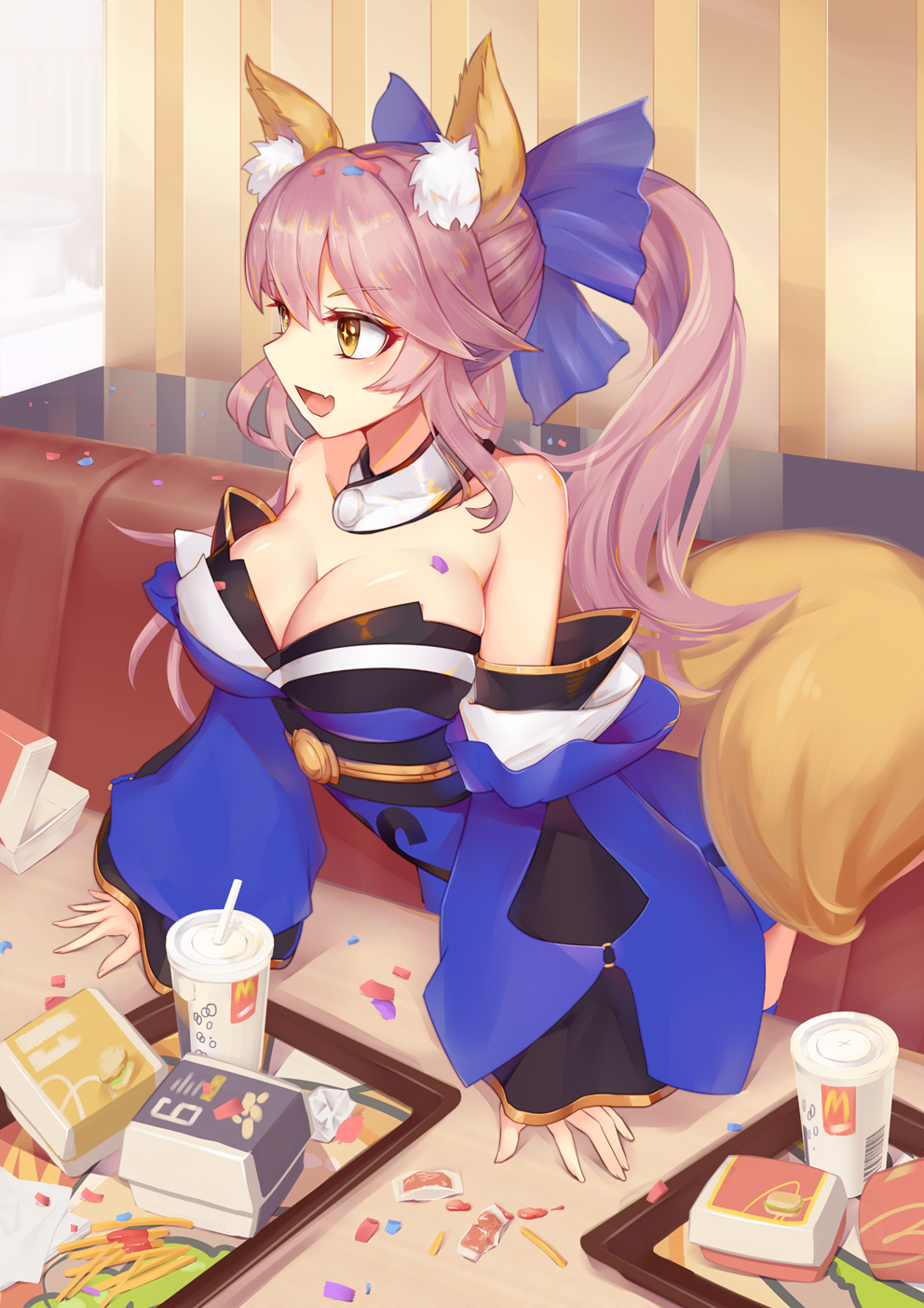 1girl :d animal_ears arm_support bare_shoulders bendy_straw blue_kimono blue_ribbon breasts cleavage collarbone commentary_request couch cup detached_collar detached_sleeves disposable_cup drinking_straw fang fate/extra fate_(series) food fox_ears fox_girl fox_tail french_fries hair_ribbon highres indoors japanese_clothes kimono large_breasts liu_lan long_hair long_sleeves looking_to_the_side mcdonald's off_shoulder open_mouth pink_hair ponytail ribbon short_kimono sidelocks smile solo standing striped tail tamamo_(fate)_(all) tamamo_no_mae_(fate) vertical_stripes wide_sleeves window yellow_eyes