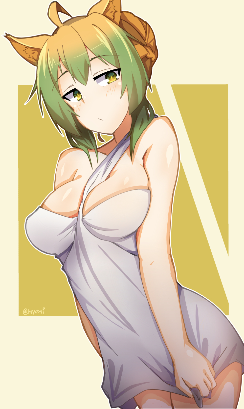 ahoge animal_ears atalanta_(fate) bangs bare_arms bare_shoulders between_breasts blush breasts bright_pupils closed_mouth cowboy_shot dress dutch_angle eyebrows_visible_through_hair fate/apocrypha fate_(series) gradient_hair green_eyes green_hair highres large_breasts looking_at_viewer multicolored multicolored_eyes multicolored_hair myumi slit_pupils solo standing toga twitter_username white_dress yellow_eyes