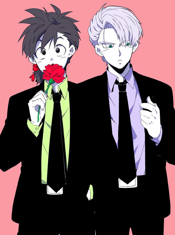belt black_eyes black_hair blue_eyes dragon_ball dragon_ball_z expressionless flower formal looking_at_viewer looking_down male_focus multiple_boys necktie pink_background purple_hair red_flower red_rose ribbon rochiko_(bgl6751010) rose serious short_hair simple_background son_goten suit tied_hair trunks_(dragon_ball)