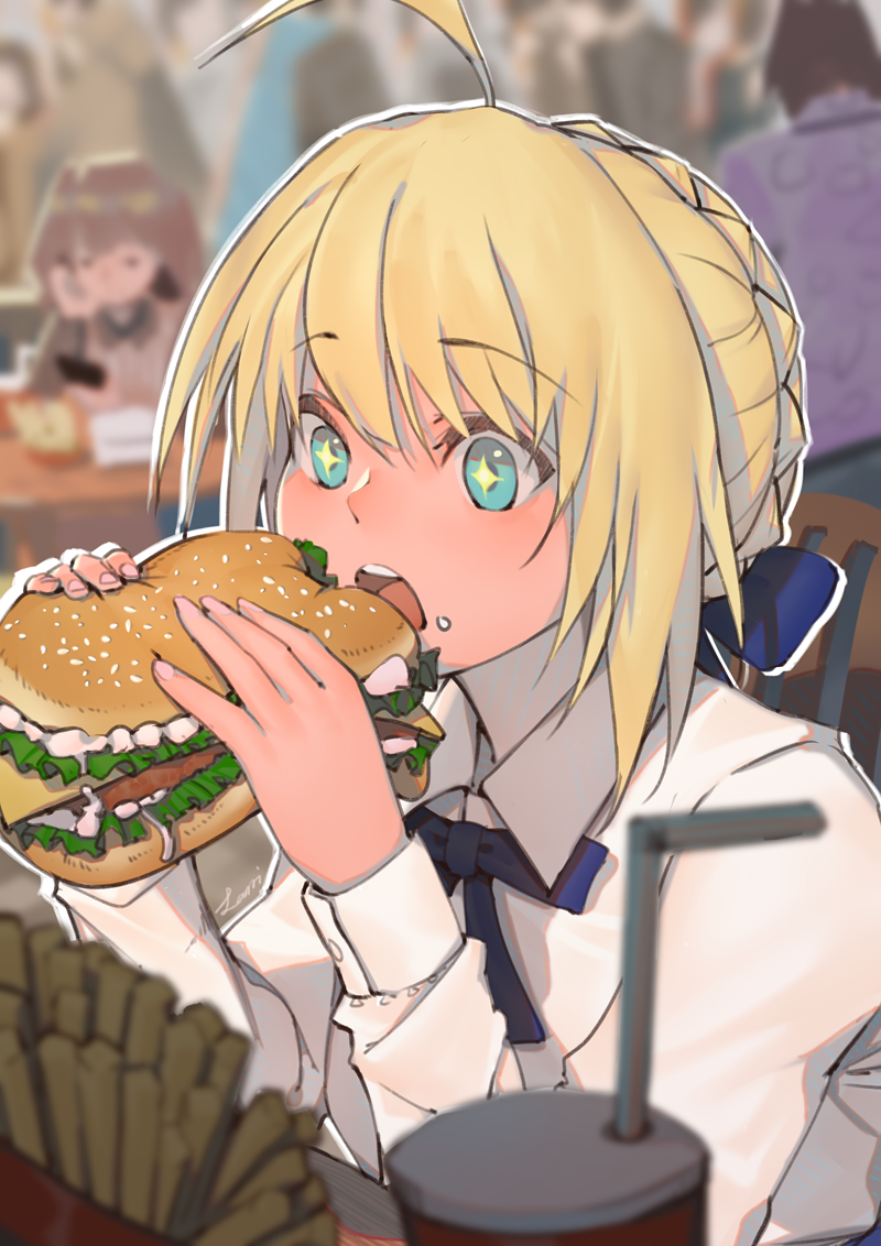 ahoge artoria_pendragon_(all) blonde_hair blue_bow blue_eyes blue_ribbon blurry blurry_background bow chair commentary_request cup dress eating eyebrows_visible_through_hair fate/stay_night fate_(series) food food_on_face french_fries hair_bun hair_ribbon hamburger holding holding_food lanzi_(415460661) ribbon saber short_hair sitting solo_focus white_dress