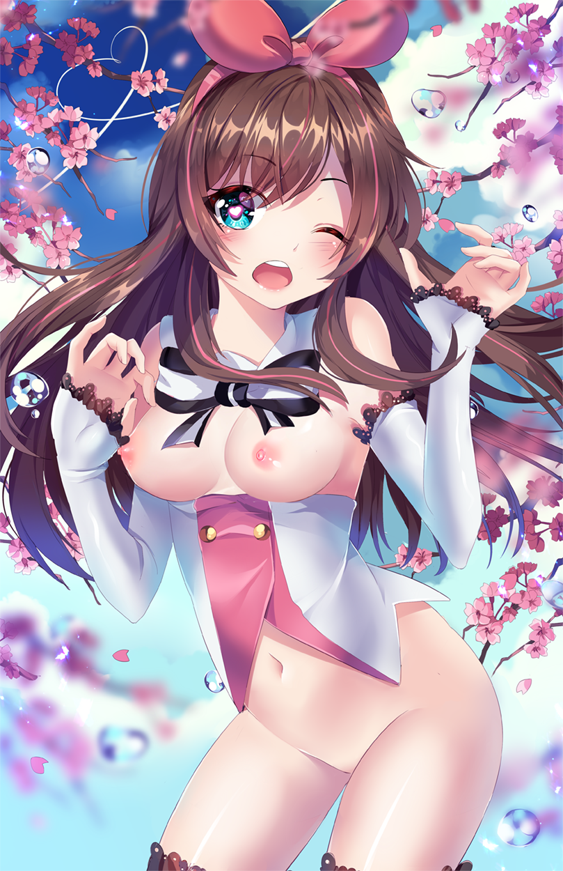 ;o a.i._channel artist_name bare_shoulders black_ribbon blue_eyes blue_sky blurry blush bottomless breasts breasts_outside brown_hair cherry_blossoms cowboy_shot day depth_of_field detached_collar detached_sleeves groin hair_ribbon heart heart-shaped_pupils heart_of_string highres kizuna_ai long_hair long_sleeves looking_at_viewer medium_breasts multicolored_hair navel neck_ribbon nipples one_eye_closed open_mouth outdoors pink_hair pink_ribbon ribbon round_teeth sky sleeves_past_wrists solo squchan standing stomach symbol-shaped_pupils teeth thighs two-tone_hair water_drop