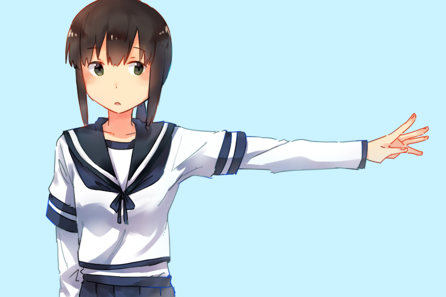 arm_warmers black_hair black_neckwear black_sailor_collar blue_background fubuki_(kantai_collection) green_eyes kantai_collection low_ponytail outstretched_arm ponytail sailor_collar satsumi school_uniform serafuku short_ponytail sidelocks solo