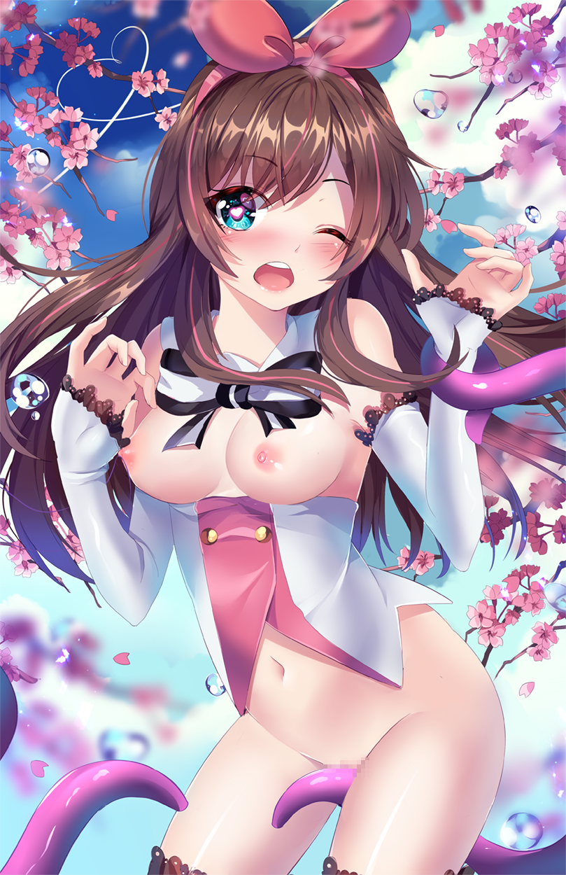 ;o a.i._channel artist_name bare_shoulders between_legs black_ribbon blue_eyes blue_sky blurry blush bottomless breasts breasts_outside brown_hair censored cherry_blossoms cowboy_shot day depth_of_field detached_collar detached_sleeves groin hair_ribbon heart heart-shaped_pupils heart_of_string highres kizuna_ai long_hair long_sleeves looking_at_viewer medium_breasts mosaic_censoring multicolored_hair navel neck_ribbon nipples nose_blush one_eye_closed open_mouth outdoors pink_hair pink_ribbon ribbon round_teeth sky sleeves_past_wrists solo squchan standing stomach symbol-shaped_pupils teeth tentacles thighs two-tone_hair water_drop wrist_grab