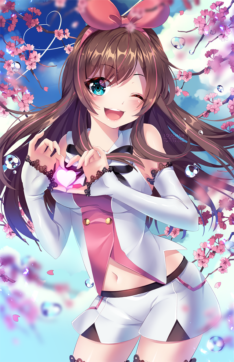 ;d a.i._channel artist_name bare_shoulders black_ribbon blue_eyes blue_sky blurry blush breasts brown_hair cherry_blossoms cowboy_shot day depth_of_field detached_sleeves eyebrows_visible_through_hair hair_ribbon heart heart_hands heart_of_string highres kizuna_ai long_hair long_sleeves looking_at_viewer medium_breasts multicolored_hair navel neck_ribbon one_eye_closed open_mouth outdoors pink_hair pink_ribbon ribbon round_teeth shirt sky sleeves_past_wrists smile solo squchan standing stomach tareme teeth two-tone_hair water water_drop white_shirt