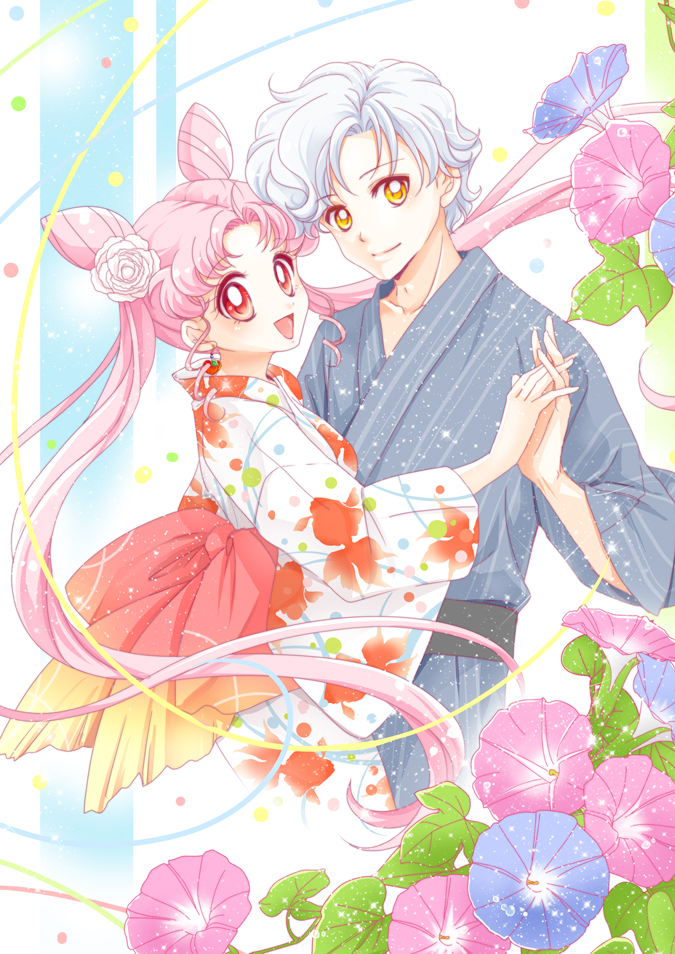 1girl :d animal_print bishoujo_senshi_sailor_moon chibi_usa commentary_request couple double_bun fish_print flower goldfish_print hair_flower hair_ornament helios_(sailor_moon) hetero interlocked_fingers ipomoea japanese_clothes kimono looking_at_viewer older open_mouth pink_eyes pink_hair red_eyes rose sarashina_kau short_hair simple_background small_lady_serenity smile twintails white_flower white_hair white_rose yellow_eyes yukata