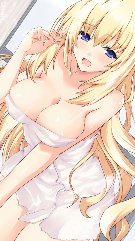bare_shoulders blonde_hair blue_eyes breasts cleavage commentary_request iwasi-r large_breasts long_hair looking_at_viewer neptune_(series) open_mouth solo towel vert