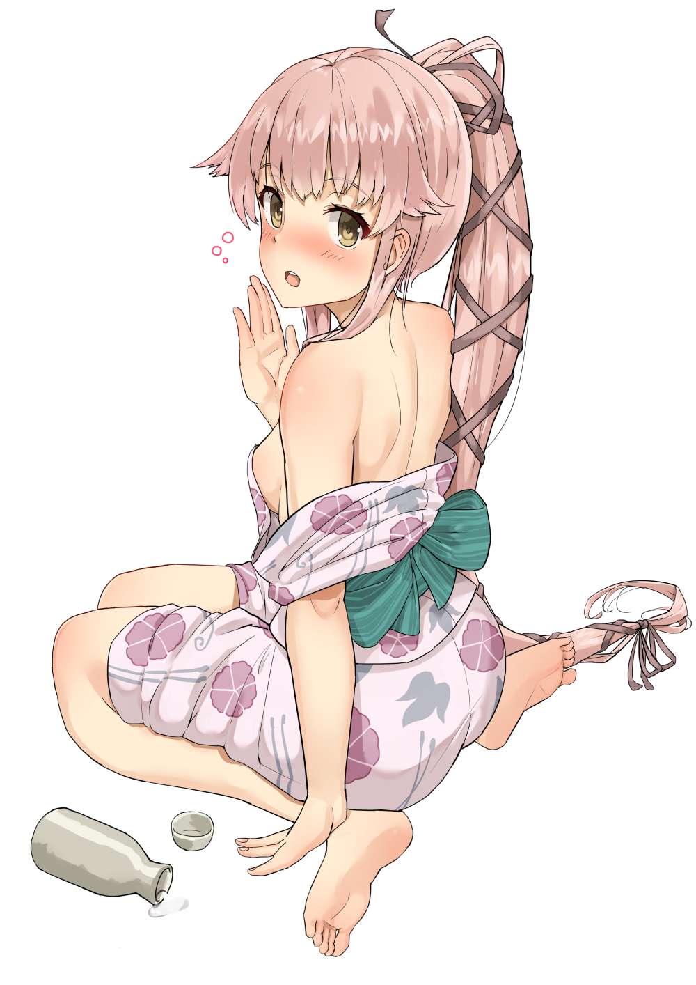 :d arm_at_side ass bangs bare_shoulders barefoot black_ribbon blush body_blush bow breasts brown_eyes drunk eyebrows_visible_through_hair feet from_behind full_body green_bow highres japanese_clothes jpeg_artifacts kantai_collection kimono long_hair long_sleeves looking_at_viewer looking_back medium_breasts nose_blush open_clothes open_kimono open_mouth pink_hair pink_kimono ponytail ribbon round_teeth sash shoulder_blades sideboob sidelocks simple_background sitting small_breasts smile soles solo soushou_nin teeth toes very_long_hair wariza white_background wide_sleeves yura_(kantai_collection)
