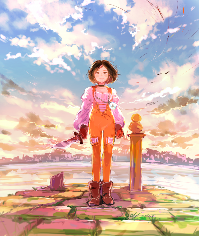 alternate_hair_length alternate_hairstyle artist_request black_hair bodysuit breasts brown_eyes cleavage cloud cutting_hair day final_fantasy final_fantasy_ix garnet_til_alexandros_xvii gloves holding holding_sword holding_weapon jewelry long_sleeves looking_at_viewer medium_breasts orange_bodysuit outdoors pavement pendant severed_hair short_hair short_sword sky solo standing sword weapon
