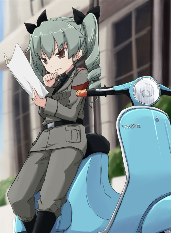 anchovy anzio_military_uniform bangs belt black_belt black_neckwear black_ribbon black_shirt blurry blurry_background boots building closed_mouth commentary day depth_of_field dress_shirt drill_hair eyebrows_visible_through_hair frown girls_und_panzer green_hair grey_jacket grey_pants ground_vehicle hair_ribbon holding jacket kakizaki_(chou_neji) knee_boots leaning_back long_hair long_sleeves map military military_uniform motor_vehicle necktie outdoors pants red_eyes ribbon scooter shirt solo standing twin_drills twintails uniform vespa