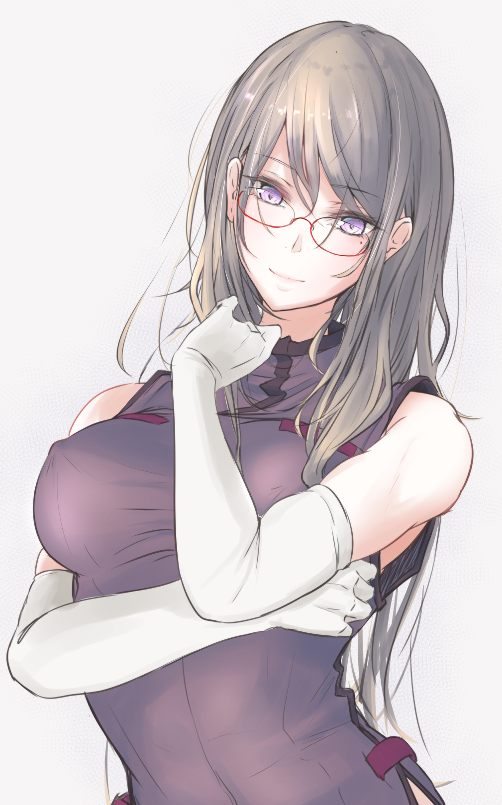 abs akiyama_cz4a arm_rest bangs bespectacled blonde_hair breasts covered_nipples elbow_gloves glasses gloves grey_background hand_up head_tilt highres impossible_clothes long_hair looking_at_viewer medium_breasts mole mole_under_eye naked_tabard pink_lips purple_eyes red-framed_eyewear reflective_eyes semi-rimless_eyewear simple_background smile solo tabard taut_clothes toned touhou under-rim_eyewear upper_body white_gloves yakumo_yukari