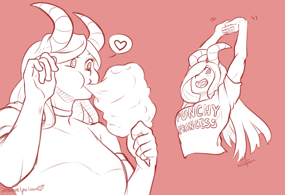 &lt;3 athletic biceps breasts clothed clothing cotton_candy cute demon eating english_text female fur hair horn humanoid long_hair marvelpoison muscular nedra_(tfs) not_furry open_mouth shirt smile solo speech_bubble stretching t-shirt team_four_star teeth text tfs_at_the_table tiefling