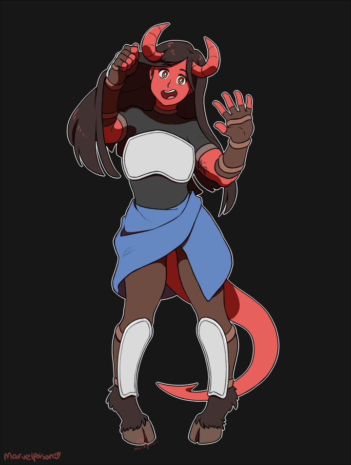 armor athletic biceps breastplate breasts clothing cute demon english_text female fur hair hooves horn humanoid long_hair marvelpoison muscular nedra_(tfs) not_furry open_mouth shirt smile solo speech_bubble stretching t-shirt tattoo team_four_star teeth text tfs_at_the_table tiefling