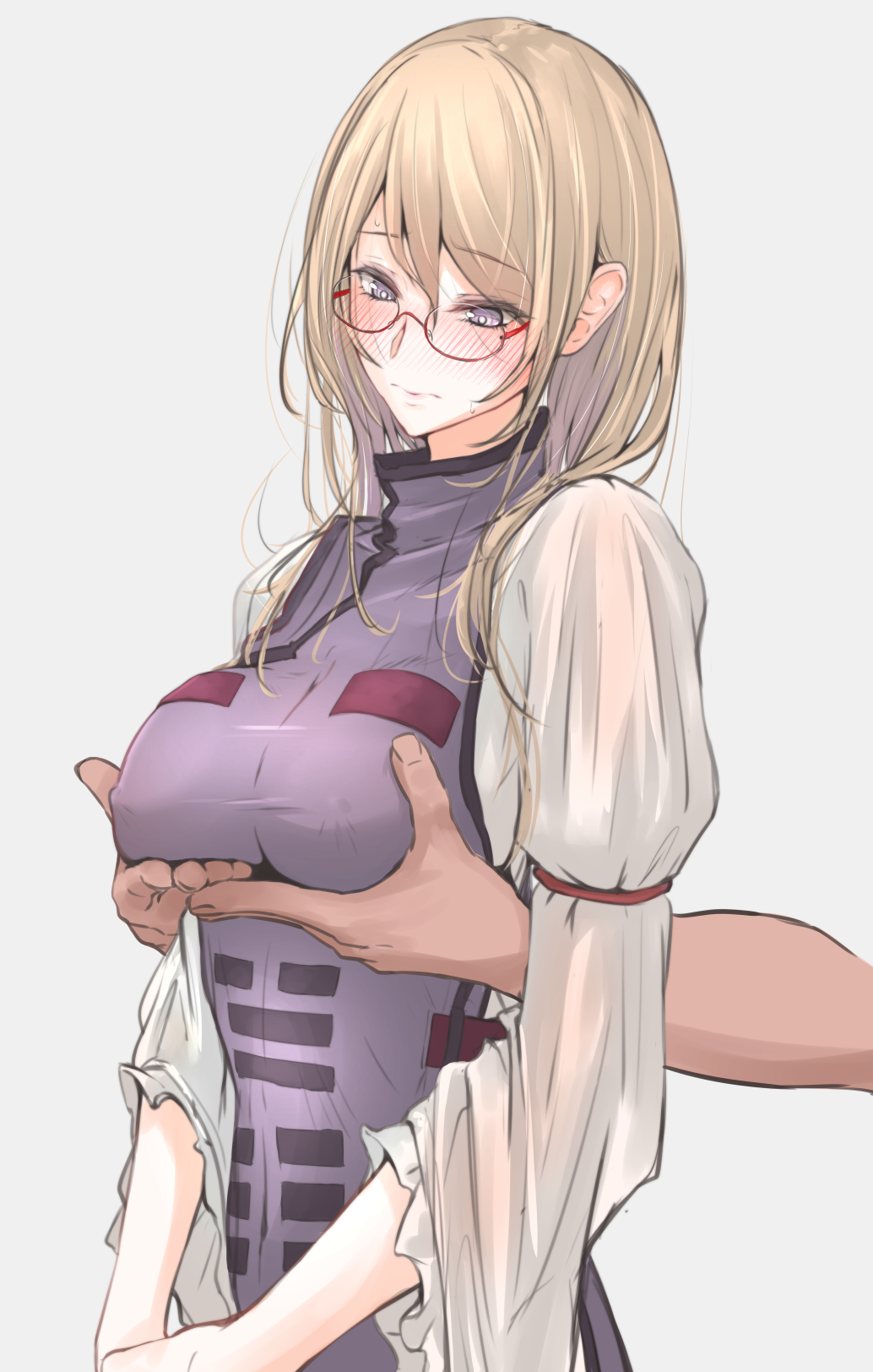akiyama_cz4a arm_strap bangs bespectacled blonde_hair blush breast_grab breasts closed_mouth covered_navel covered_nipples dress ears eyebrows_visible_through_hair glasses grabbing grabbing_from_behind grey_background hair_between_eyes head_tilt highres juliet_sleeves long_hair long_sleeves looking_down male_hand medium_breasts mole mole_under_eye no_hat no_headwear nose_blush pink_lips puffy_sleeves purple_eyes red-framed_eyewear reflective_eyes sidelocks simple_background solo_focus sweat sweatdrop tabard taut_clothes touhou upper_body white_dress wide_sleeves yakumo_yukari
