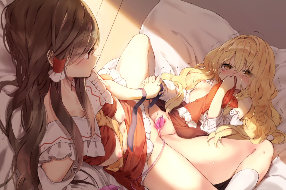 ascot bare_shoulders blonde_hair breasts brown_hair commentary egg_vibrator frills hair_tubes hakurei_reimu holding_hands kirisame_marisa looking_at_another md5_mismatch multiple_girls nipples no_hat no_headwear pillow piyokichi small_breasts smelling spread_legs touhou tribadism uncensored vibrator white_legwear yellow_eyes yellow_neckwear yuri