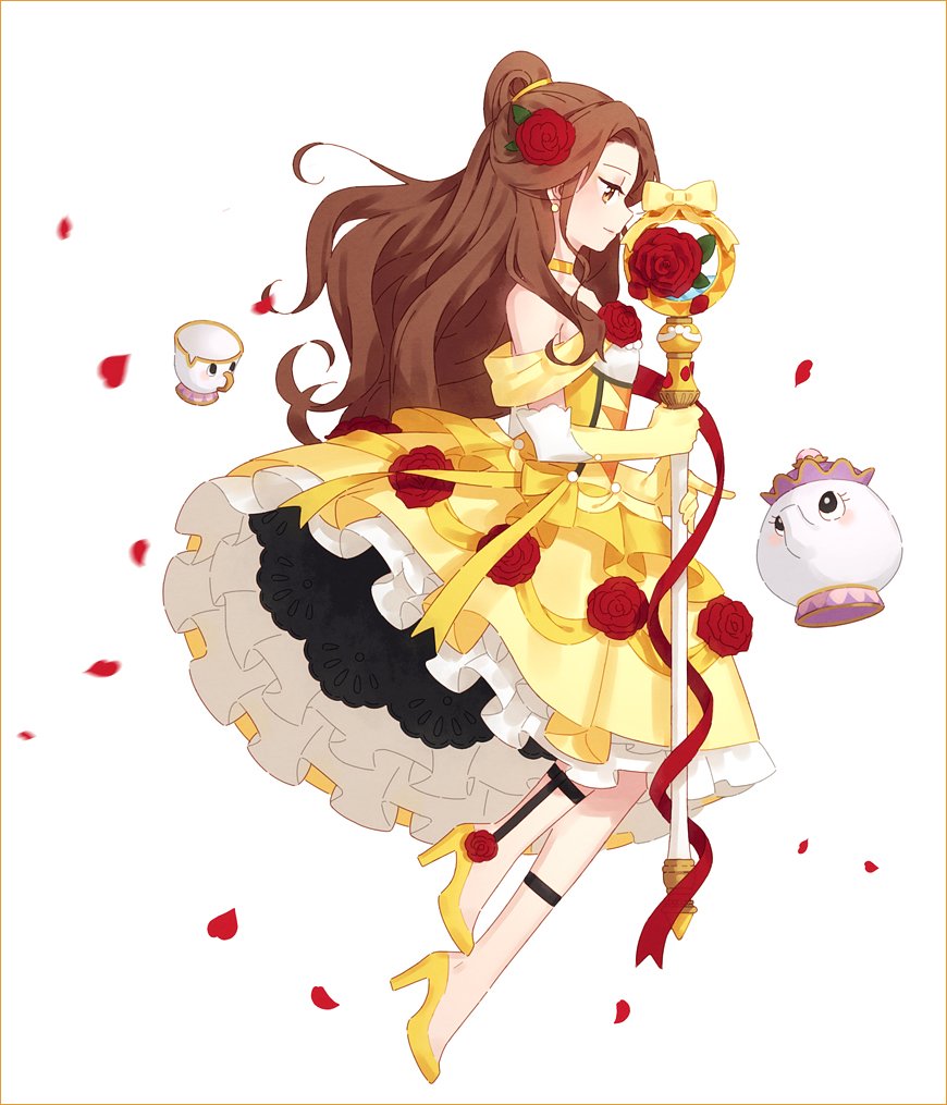 adapted_costume beauty_and_the_beast belle_(disney) brown_eyes brown_hair chip_potts choker disney earrings elbow_gloves flower gloves hair_flower hair_ornament hakusai_(tiahszld) high_heels jewelry long_hair magical_girl mother_and_son mrs._potts mrs_potts objectification petals red_flower red_rose ribbon rose rose_petals simple_background staff white_background