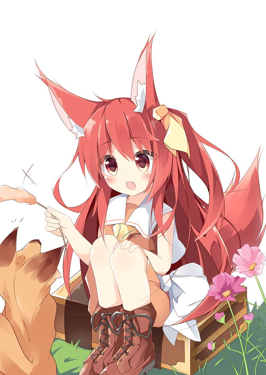 :d animal animal_ears bangs bare_arms blush boots bow brown_footwear brown_shirt cat_teaser cattail commentary_request cross-laced_footwear eyebrows_visible_through_hair fang flower fox fox_ears fox_girl fox_tail hair_between_eyes hair_ribbon hand_on_own_knee highres kushida_you lace-up_boots long_hair looking_away open_mouth original pink_flower plant red_eyes red_hair ribbon sailor_collar shirt sitting sitting_on_object skirt sleeveless sleeveless_shirt smile solo suitcase tail white_background white_bow white_sailor_collar white_skirt yellow_ribbon