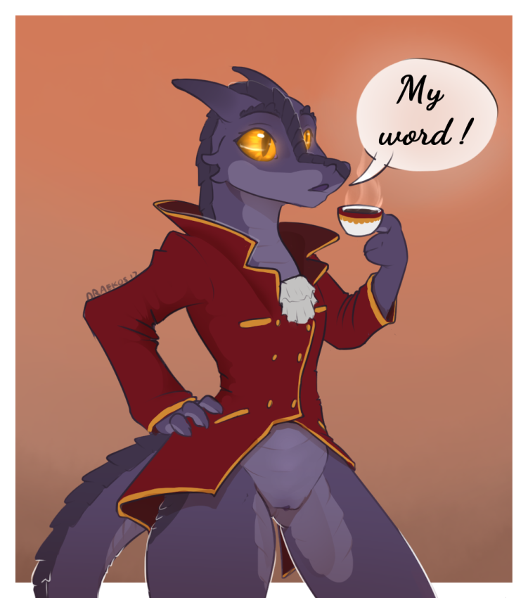 beverage bottomless clothed clothing cup draekos female kobold nil partially_clothed purple_scales pussy scales scalie solo tea text