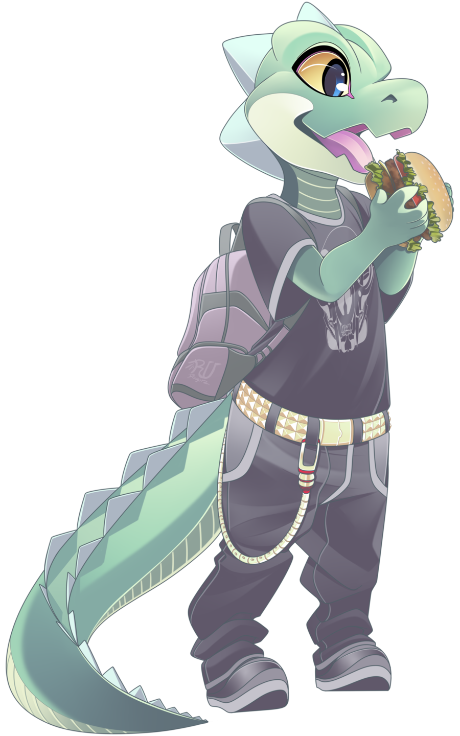 alligator alpha_channel ambiguous_gender backpack belt blue_eyes burger chain clothing crocodilian eating food pants reptile rudragon scalie shirt simple_background solo transparent_background yellow_sclera