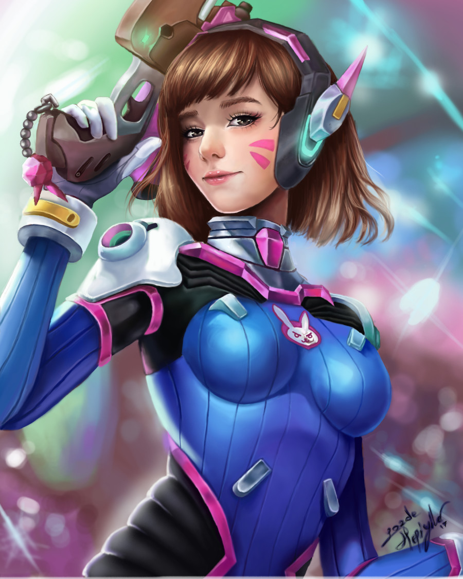 alternate_hair_length alternate_hairstyle animal_print artist_name bangs blue_bodysuit blurry blurry_background bodysuit breasts brown_hair bunny_print charm_(object) commentary d.va_(overwatch) eyelashes facepaint facial_mark gloves gozde_hepiyiler gun headphones high_collar holding holding_gun holding_weapon light_smile looking_at_viewer making_of md5_mismatch medium_breasts medium_hair nose overwatch pilot_suit pink_lips ribbed_bodysuit short_hair shoulder_pads signature skin_tight solo swept_bangs trigger_discipline upper_body weapon whisker_markings white_gloves